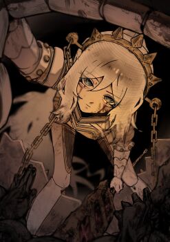 1girl 2nosun2 absurdres battle_damage black_background blood blood_on_face blue_eyes cable_hair chain commentary cyborg faust_(project_moon) gold_chain gold_hairband hairband headgear high_ponytail highres joints limbus_company looking_at_viewer outstretched_arm pale_skin ponytail project_moon reaching reaching_towards_viewer ring_(identity)_(project_moon) robot_girl robot_joints simple_background skin_seams solo spiked_hairband spikes white_hair