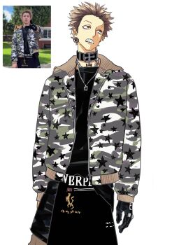 1boy animal_collar annoyed bags_under_eyes belt_collar black_collar black_gloves black_pants black_shirt blonde_hair bone_necklace brown_eyes brown_trim camouflage camouflage_jacket chain chain_necklace clenched_teeth clothes_around_waist collar commentary cortis dog_tags earrings empty_eyes eyebrow_piercing eyeshadow eyeshadow_under_eye face_piercing fashion forehead gloves head_tilt highres jacket jacket_around_waist jewelry k-pop long_sleeves looking_to_the_side makeup male_focus martin_(cortis) necklace open_clothes open_jacket pants photo-referenced photo_inset piercing punk reference_inset ring rolling_eyes sanpaku shirt shirt_partially_tucked_in short_hair single_earring single_glove sishuiloe_1994 solo spiked_hair star_(symbol) star_earrings star_print streetwear symbol-only_commentary tareme teeth very_short_hair white_background