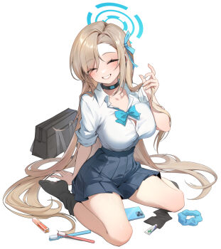 Rule 34 | 1girl, :d, ^ ^, arm behind back, asuna (blue archive), asuna (school uniform) (blue archive), bag, black choker, black skirt, black socks, blonde hair, blue archive, blue bow, blue bowtie, blue halo, blue nails, blue scrunchie, blush, bow, bowtie, breasts, button gap, cellphone, choker, closed eyes, collared shirt, commentary, dress shirt, eyelashes, facing viewer, full body, grin, hair over one eye, hair spread out, halo, hand up, happy, holding, holding own hair, icarus9854, large breasts, long hair, long sleeves, miniskirt, nail polish, no shoes, official alternate costume, open mouth, phone, pleated skirt, school bag, school uniform, scrunchie, shirt, simple background, sitting, skirt, sleeves rolled up, smartphone, smile, socks, solo, straight hair, thighs, toothbrush, very long hair, wariza, white background, white shirt