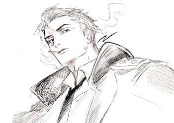 1boy absurdres alexander_(veil) cigarette coat collared_coat commentary greyscale hair_slicked_back hashtag-only_commentary heterochromia highres male_focus monochrome necktie orange_eyes simple_background sleinyeswownc smoke solo spot_color symbol-only_commentary veil_(manga)