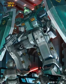 2others artist_request astronaut beam_rifle color_variation dual_wielding earth_federation_space_forces energy_gun english_text gm_(mobile_suit) green_visor gundam gundam_cross_war gundam_thunderbolt hangar holding holding_lamp lamp logo machinery mecha mixed-language_text mobile_suit multiple_others official_art realistic robot scene_reference science_fiction shield spacecraft_interior squatting title translation_request weapon