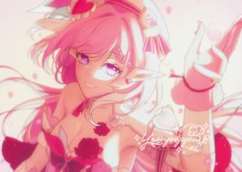 1girl artist_name beret breasts cleavage commentary diamond-shaped_pupils diamond_(shape) dress earrings elf elysia_(hi_love_elf)_(honkai_impact) elysia_(honkai_impact) english_commentary gloves hat heart heart_earrings honkai_(series) honkai_impact_3rd jewelry large_breasts long_hair looking_at_viewer merchandise_available pink_hair pointy_ears purple_eyes red_dress smile solo symbol-shaped_pupils very_long_hair white_gloves yeonpoppu