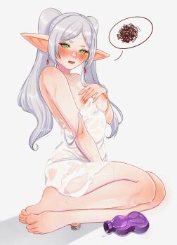 1girl absurdres barefoot blush bottle breasts clothes-dissolving_potion commentary commission cork dress earrings frieren full_body green_eyes grey_hair highres jewelry medium_breasts nipples nyiccco pointy_ears short_dress sitting solo sousou_no_frieren spoken_squiggle squiggle strap_slip swept_bangs twintails white_dress yokozuwari