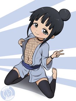 1girl absurdres artist_name barefoot black_hair black_thighhighs blue_background closed_mouth collarbone feet fishnet_top fishnets flashing flat_chest grey_eyes hair_bun highres japanese_clothes kimono kneeling kunoichi_tsubaki_no_mune_no_uchi leg_warmers loli looking_at_viewer megasweet mokuren_(kunoichi_tsubaki_no_mune_no_uchi) nipples short_hair simple_background smile soles solo spread_legs thighhighs toes v white_background yukata