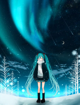 1girl absurdres aqua_hair aqua_skirt aurora bare_tree black_boots black_sky black_sweater boots closed_eyes cloud commentary crescent_moon double-parted_bangs fisheye full_body hatsune_miku highres long_hair long_sleeves meteor_shower miniskirt moon night nor_ni outdoors parted_lips pleated_skirt scarf scenery shooting_star skirt sky sky_focus sleeves_past_fingers sleeves_past_wrists snow solo standing star_(sky) starry_sky sweater symbol-only_commentary tree twintails very_long_hair vocaloid white_scarf winter
