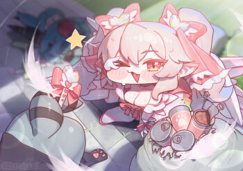 &gt;_o 1girl 1other :3 after_battle anal anal_object_insertion blurry blurry_background blush bow breasts can canned_food cleavage commentary_request dress falling_feathers fang feathers film_grain from_above furry gloves hair_bow korean_commentary kuruinuchan looking_at_viewer magical_girl multiple_hair_bows object_insertion off-shoulder_dress off_shoulder on_ground one_eye_closed open_mouth pet_food pink_bow pink_eyes pink_hair pointy_ears raccoon sett short_dress sitting smile sparkle sweat thighhighs trash_bag trickcal twintails twitter_username v v_over_eye vivi_(trickcal) wand white_gloves white_thighhighs wings wink_star