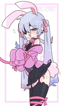 1boy :&gt; animal_ears arched_back bare_shoulders black_choker black_corset black_ribbon black_skirt black_thighhighs blue_eyes blue_hair blush bound bound_arms bound_legs bow bulge cardigan choker collared_shirt colored_tips commentary corset cowboy_shot crossdressing crossdressing_(mtf) double-parted_bangs earclip eyepatch fang flipped_hair flying_sweatdrops frilled_shirt_collar frills from_side garter_straps grey_panties hair_between_eyes hair_bow hair_intakes hands_up highres jirai_kei long_hair long_sleeves male_focus miniskirt multicolored_hair neck_ribbon nervous no_nose off_shoulder one_eye_covered op_na_yarou open_cardigan open_clothes open_mouth original panties panty_peek pink_bow pink_cardigan pink_ribbon pink_shirt quad_tails rabbit_boy rabbit_ears rabbit_tail raised_inner_eyebrows red_hair ribbon rigel_(op_na_yarou) shirt side-tie_panties sidelocks simple_background skin_fang skirt sleeveless sleeveless_shirt sleeves_past_fingers sleeves_past_wrists solo standing straight_hair sweat tail thighhighs thighs trap underwear very_long_hair watermark white_background white_hair