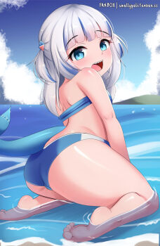1girl absurdres ass barefoot beach biikini bikini blue_bikini blue_eyes blue_hair blue_sky blush bunalonne cloud fanbox_username female_focus fins fish_tail from_side gawr_gura grey_hair hair_ornament highres hololive hololive_english kneeling loli looking_at_viewer looking_back looking_to_the_side multicolored_bikini multicolored_hair multicolored_swimsuit ocean open_mouth outdoors partially_submerged pussy shark_girl shark_hair_ornament shark_tail sharp_teeth sky soles solo source_request swimsuit tail teeth toes two_side_up upper_teeth_only virtual_youtuber water