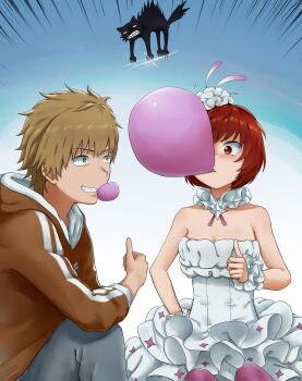 1boy 1girl absurdres arm_on_knee black_cat blowing_bubble_gum blue_pants blush bob_cut breasts brown_eyes brown_hair brown_hood brown_shirt cat chewing_gum cleavage closed_mouth commentary_request detached_collar dion_fortune dress emphasis_lines flower frilled_cuffs frilled_dress frills grin hair_flower hair_ornament hand_on_own_hip highres hood hood_down knee_up medium_breasts pants pantyhose pink_pantyhose red_eyes red_hair sandals sharp_teeth shirt short_dress short_hair sitting sleeveless sleeveless_dress smile tatararashi teeth thumbs_up toaru_majutsu_no_index toaru_majutsu_no_index:_new_testament white_background white_dress