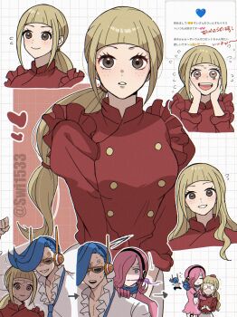 1boy 2girls blonde_hair blue_hair blunt_bangs brother_and_sister brown_eyes commentary_request cosette_(one_piece) dress flying_sweatdrops freckles hair_over_one_eye highres long_hair multiple_girls multiple_views one_piece pink_dress pink_hair ponytail shirt siblings sidelocks sunglasses swi1533 twitter_username vinsmoke_niji vinsmoke_reiju white_shirt