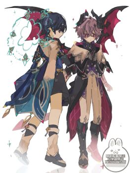 Rule 34 | 2boys, animal print, arms at sides, averting eyes, bird print, black bodysuit, black boots, black bridal gauntlets, black coat, black horns, black sandals, black shorts, blue cape, blue halo, blunt ends, blush, bodysuit, boots, bridal gauntlets, bridal legwear, bright pupils, cape, chest jewel, closed mouth, coat, collar, crossed bangs, dragon boy, dragon horns, dragon tail, dragon wings, facial mark, forehead mark, full body, furisode, gem, genshin impact, gloves, hair between eyes, halo, halo behind head, heart-shaped gem, highres, horns, japanese clothes, kimono, knee boots, leg warmers, looking at another, magic circle, mandarin collar, mini durin (genshin impact), mini durin (human) (genshin impact), minonome1206, multicolored hair, multiple boys, open clothes, open coat, pants, purple eyes, purple hair, purple rope, purple vest, red eyes, red gemstone, red tail, red wings, rope, sandals, scaramouche (genshin impact), short sleeves, shorts, stirrup legwear, streaked hair, tail, toeless legwear, toes, turtleneck, turtleneck bodysuit, twitter username, vest, wanderer (genshin impact), watermark, white background, white collar, white gloves, white leg warmers, white pants, white pupils, white sleeves, white trim, wings, wispy bangs, zouri