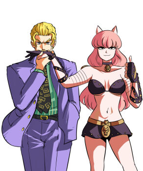 1boy 1girl 2021 5:6 animal_ears armband armor bare_shoulders belt bikini_armor black_eyes black_gloves blonde_hair blue_eyes bracelet breasts cat_ears cat_girl choker cleavage diamond_is_unbreakable formal_clothes genderswap genderswap_(mtf) gloves hand_in_pocket highres holding_hands humanized jacket jewelry jojo_no_kimyou_na_bouken killer_queen large_breasts long_hair looking_at_viewer midriff miniskirt navel necktie open_clothes open_jacket pants partially_fingerless_gloves pink_hair pink_hair_female revealing_clothes short_hair shounen_jump simple_background skirt stand_(jojo) suit thighs thumbs_up tinafate1 white_background yoshikage_kira