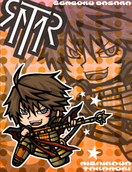 Rule 34 | 1boy, :d, aqua eyes, armor, black cape, brown hair, cape, character name, chibi, chibi only, copyright name, full body, hate0318, highres, holding, holding microphone, holding microphone stand, japanese armor, kneeling, looking at viewer, male focus, microphone, microphone stand, nishikawa takanori, open mouth, orange background, outline, polka dot, polka dot background, real life, sengoku basara, smile, solo, t.m.revolution, teeth, upper teeth only, white outline, zoom layer