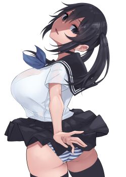 1girl ass black_eyes black_hair black_sailor_collar black_shirt black_skirt black_thighhighs bra bra_visible_through_clothes breasts hair_between_eyes head_tilt highres large_breasts long_hair looking_at_viewer natsuishi_nana open_mouth original panties pleated_skirt sailor_collar shaded_face shirt short_sleeves sidelocks simple_background skirt solo standing striped_clothes striped_panties thighhighs twintails underwear white_background white_bra white_panties white_shirt