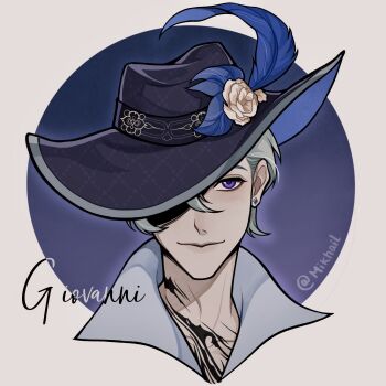 1boy argyle_clothes argyle_hat artist_name black_hat blue_hat border brown_border camellia character_name chest_tattoo chinese_commentary closed_mouth collarbone collared_shirt commentary_request cropped_shoulders diamond_earrings earrings flower giovanni_(infinity_nikki) grey_hair grey_shirt hair_between_eyes hat hat_feather hat_flower highres infinity_nikki jeebywang jewelry lips male_focus neck_tattoo nikki_(series) one_eye_covered outline outside_border purple_background purple_eyes round_border shirt short_hair smile solo stud_earrings tattoo two-sided_fabric two-sided_headwear white_flower white_outline