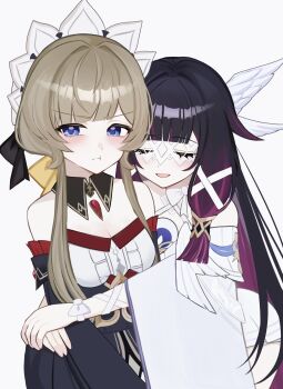 2girls :t bare_shoulders black_bow black_collar black_hair blue_eyes blush bow brown_hair closed_eyes closed_mouth collar columbina_(genshin_impact) commentary_request detached_collar detached_sleeves dress eye_mask gem genshin_impact hair_bow hair_ribbon head_wings headdress highres hug irodo_1024 long_hair long_sleeves mask multicolored_hair multiple_girls open_mouth pink_hair red_gemstone ribbon sandrone_(genshin_impact) short_hair_with_long_locks sidelocks simple_background smile strapless strapless_dress very_long_hair white_background white_bow white_dress white_headdress white_ribbon white_wings wide_sleeves wings