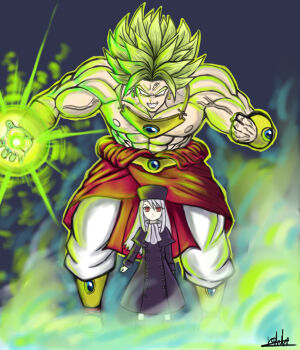 1boy 1girl abs absurdres belt blue_gem boots bracer broly_(dragon_ball_z) buttons child clenched_hand clothes_around_waist coat crossover dark_background double-breasted dragon_ball dragonball_z earrings energy_ball evil_smile facing_viewer fate/stay_night fate_(series) fur_hat gem gold gold_belt gold_boots gold_bracer gold_earrings gold_necklace gold_vambraces gorget green_hair green_light green_outline hat highres hoop_earrings illyasviel_von_einzbern jewelry legendary_super_saiyan long_hair looking_at_viewer muscular muscular_male necklace nipples no_pupils outline pants papakha purple_coat purple_hat red_eyes red_robe reruri robe saiyan scarf sidelighting signature size_difference smile smoke spiked_hair super_saiyan topless_male vambraces veins veiny_arms white_hair white_pants white_scarf winter_clothes winter_coat