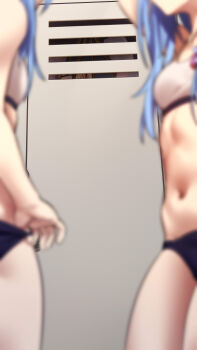 3girls absurdres arms_up bdsm black_panties blue_hair bondage bound bound_arms bound_legs bra breasts hatsuyuki_(warship_girls_r) highres in_locker legs_up long_hair multiple_girls navel panties ray_(pixiv9514208) separated_legs skindentation small_breasts stomach suspension underwear warship_girls_r white_bra