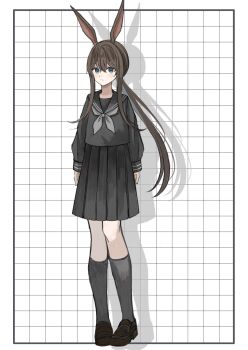 1girl alternate_costume amiya_(arknights) animal_ears arknights arms_at_sides black_sailor_collar black_serafuku black_shirt black_shoes black_skirt black_socks blue_eyes brown_hair commentary_request drop_shadow expressionless grey_neckerchief grid_background hair_between_eyes highres kneehighs long_hair long_sleeves looking_at_viewer neckerchief pleated_skirt ponytail sailor_collar school_uniform serafuku shirt shoes skirt socks solo udo_(akn_otk)