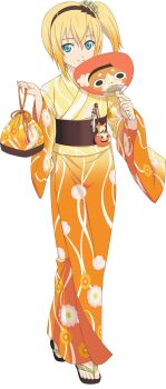 Rule 34 | 1girl, artist request, black sandals, blonde hair, blue eyes, closed mouth, edna (tales), floral print, floral print kimono, full body, game cg, hair ornament, hairband, hand fan, highres, holding, japanese clothes, kimono, looking at viewer, medium hair, normin (tales), official alternate costume, official art, orange kimono, phoenix (tales), print kimono, sandals, side ponytail, smile, solo, tales of (series), tales of asteria, tales of zestiria, third-party source, transparent background, yukata