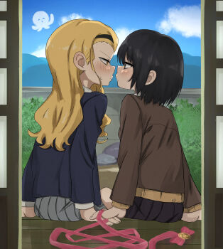 2girls black_eyes black_hair black_skirt blonde_hair blue_jacket blush brown_jacket chansuko_(manba00) closed_mouth commentary eye_contact from_inside grey_skirt hairband highres jacket kirarazaka_marina kuze_shizuka layered_sleeves long_hair looking_at_another medium_hair multiple_girls sitting skirt takopii takopii_no_genzai yellow_eyes yuri