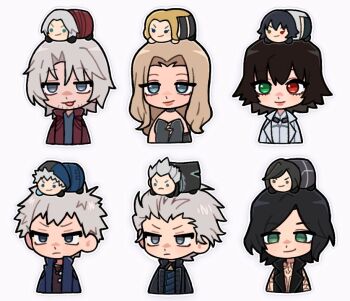 Rule 34 | 2girls, 4boys, beard stubble, black hair, blonde hair, blue eyes, chibi, dante (devil may cry), devil may cry (series), devil may cry 5, facial hair, green eyes, heterochromia, iluvmyhamster69, lady (devil may cry), long hair, multiple boys, multiple girls, nero (devil may cry), red eyes, simple background, smile, stubble, stuffed toy, trish (devil may cry), v (devil may cry), vergil (devil may cry), white background, white hair