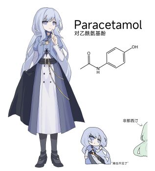 2girls absurdres belt black_pantyhose black_shoes blue_dress blue_eyes blue_hair chemical_structure chibi chibi_inset dress english_text green_hair highres japanese_text long_hair medicine multiple_girls original pantyhose paracetamol personification phonetik product_girl shoes sidelocks simple_background translated white_background