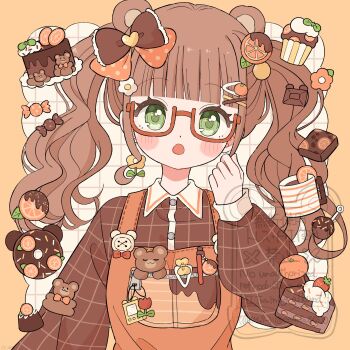1girl apron blunt_bangs blush_stickers border bow brown_bow brown_hair brown_shirt buttons cake cake_slice collared_shirt commentary contrast_collar cup donut eeppa food food-themed_hair_ornament fruit glasses green_eyes grid_background hair_bow hair_ornament hand_up highres long_hair long_sleeves looking_at_viewer open_mouth orange_apron orange_bow orange_hair_ornament original outside_border polka_dot polka_dot_bow red-framed_eyewear semi-rimless_eyewear shirt solo strawberry twintails twitter_username under-rim_eyewear upper_body watermark white_background yellow_border