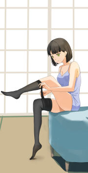 1girl absurdres bare_shoulders black_pantyhose blue_dress blunt_bangs blunt_ends bob_cut breasts cleavage closed_mouth collarbone commentary_request dress full_body highres indoors love_live! love_live!_hasu_no_sora_jogakuin_school_idol_club medium_breasts momose_ginko nonaka_kokoro on_bed pantyhose short_hair sitting sleeveless sleeveless_dress smile solo spaghetti_strap split_mouth undressing virtual_youtuber