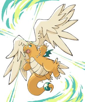 :d absurdres claws commentary dragon dragonite english_commentary full_body gen_1_pokemon green_eyes highres horns mega_dragonite mega_pokemon nintendo no_humans nostrils open_mouth pokemon pokemon_(creature) pokemon_focus pr_quote single_horn smile solo tail wings
