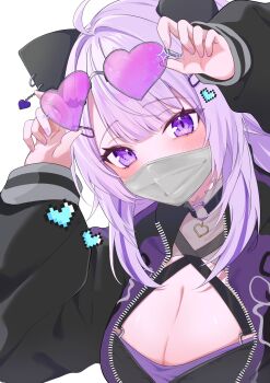 1girl ahoge amaguri_(guri_0330) animal_ear_piercing animal_ears black_collar black_jacket blush breasts cat_ears cat_girl chain cleavage collar commentary_request glasses grey_mask hair_ornament hairclip hands_up heart heart-shaped_eyewear heart_collar heart_print highres hololive jacket long_hair long_sleeves mask mouth_mask multicolored_jacket nekomata_okayu nekomata_okayu_(personya_respect) official_alternate_costume purple-tinted_eyewear purple_eyes purple_hair purple_jacket purple_nails simple_background solo tinted_eyewear two-tone_jacket upper_body virtual_youtuber white_background