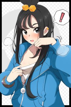 ! 1girl absurdres black_hair blue_hoodie blush breasts clothes_pull cube_hair_ornament earclip gen_1_pokemon grey_eyes hair_ornament highres hood hood_down hoodie lida_(pokemon) long_hair long_sleeves looking_at_viewer nintendo open_mouth pokemon pokemon_legends:_z-a shabana_may shirt shirt_pull small_breasts smile solo speech_bubble staryu sweat topknot upper_body white_shirt