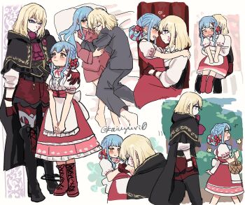 2girls ascot aver_(yumenokessho) bang_dream! bang_dream!_it's_mygo!!!!! black_boots black_cape black_pants black_shirt blonde_hair blue_hair blush boots cape closed_mouth commentary cuddling doloris_(bang_dream!) dress facial_mark flying_sweatdrops gloves hair_bun hair_ornament hairclip heart height_difference highres kiss kissing_hand long_hair misumi_uika multiple_girls open_mouth pajamas pants penguinbu pinafore_dress pink_dress purple_ascot red_boots red_gloves red_shirt red_shorts shirt shorts sitting sitting_on_lap sitting_on_person sleeping sleeveless sleeveless_dress smile sweat sweets_paradise thigh_boots togawa_sakiko twitter_username untranslatable_commentary white_shirt yellow_eyes yumenokessho yuri