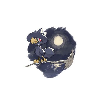 bird border bright_pupils closed_mouth commentary_request gen_2_pokemon korean_commentary malryu moon murkrow night nintendo no_humans on_branch outdoors pokemon pokemon_(creature) pokemon_focus red_eyes solo standing transparent_border white_pupils