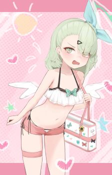 1girl bag bikini bikini_bottom_under_shorts bikini_under_clothes blue_bow bow chinatsu_remiel commentary_request cowboy_shot flat_chest green_eyes green_hair green_halo hair_bow hair_ornament halo heart heart_hair_ornament highres leaning_forward looking_at_viewer medium_hair navel nullkurage open_clothes open_mouth open_shorts pink_shorts ruffle_bikini shorts shoulder_bag solo swimsuit thigh_strap white_bikini white_wings wings zenless_zone_zero