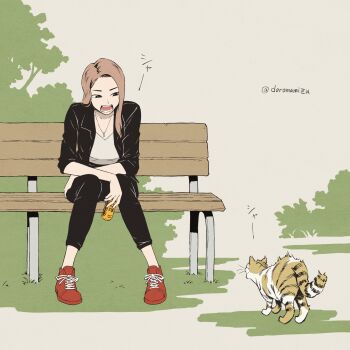 1girl bench black_eyes black_jacket black_pants brown_hair can cat commentary_request doromamizu highres hissing holding holding_can jacket jewelry necklace original pants red_shoes shirt shoes solo twitter_username white_shirt