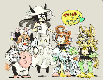 5girls agnes_tachyon_(umamusume) ahoge animal_costume animal_hands ascot axe bandaged_leg bandages black_ascot black_hair blunt_ends bottle brown_hair carrying collarbone commentary_request cosplay cow_costume cup dantsu_flame_(umamusume) deformed dress english_text floating frankenstein's_monster frankenstein's_monster_(cosplay) ghost gloves glowing glowing_eyes grey_background hair_between_eyes halloween halloween_costume hasshaku-sama hasshaku-sama_(cosplay) hat holding holding_axe holding_bottle holding_cup horse_tail huge_ahoge jacket jungle_pocket_(umamusume) lab_coat long_bangs long_dress manhattan_cafe_(umamusume) medium_request midair midriff milk_bottle morisshii_(morishiey) multicolored_hair multiple_girls object_through_head open_clothes open_jacket paw_gloves paw_shoes screw_in_head shoulder_carry simple_background sleeveless sleeveless_dress sleeveless_jacket speech_bubble sun_hat sunday_silence_(racehorse) sundress tail test_tube torn_clothes traditional_media trick_or_treat two-tone_hair umamusume white_dress white_hair wolf_costume wolf_cut yellow_eyes