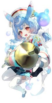 1girl absurdres animal_ears animal_ears_(norankkori) black_shorts blue_hair blue_shirt blue_shoes blush bow bubble full_body genshin_impact gloves hat highres holding holding_syringe large_syringe long_sleeves looking_at_viewer medium_hair nurse_cap open_mouth oversized_object pantyhose pink_bow red_bow red_eyes shirt shoes shorts sigewinne_(genshin_impact) simple_background smile solo syringe twintails white_background white_gloves white_hat white_pantyhose