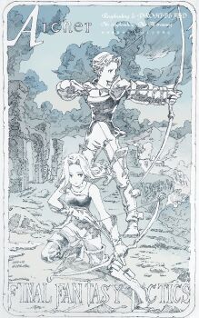 1boy 1girl archer_(fft) arrow_(projectile) bare_shoulders boots border bow_(weapon) breasts character_name cofffee copyright_name drawing_bow fighting_stance final_fantasy final_fantasy_tactics forest full_body gloves holding holding_arrow holding_bow_(weapon) holding_weapon long_hair lunging medium_breasts nature parted_bangs ruins short_hair single_shoulder_pad standing thigh_boots weapon white_border