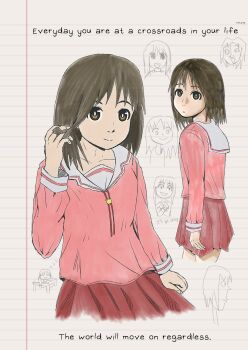 Rule 34 | 1girl, artist name, azumanga daioh's school uniform, azumanga daiou, black hair, brown eyes, commentary, cropped legs, english commentary, english text, engrish text, hand in own hair, highres, kasuga ayumu, looking at viewer, medium hair, multiple views, paper background, pink shirt, pleated skirt, ranguage, ratqng, red skirt, sailor, sailor collar, school uniform, shirt, skirt, white sailor collar