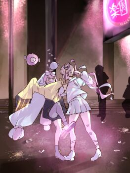 2girls angry blonde_hair blue_hair blue_serafuku bow bow-shaped_hair catfight character_hair_ornament chouzetsusaikawa_tenshi-chan clenched_teeth commentary_request crossover fighting hair_bow hair_ornament heart heart_hair_ornament highres hijiki06 incoming_attack incoming_punch inminent_punch iono_(pokemon) jacket kicking long_hair long_sleeves low-tied_long_hair multicolored_hair multiple_girls needy_girl_overdose nintendo oversized_clothes pink_hair pleated_skirt pokemon pokemon_sv punching quad_tails school_uniform serafuku single_leg_pantyhose skirt sleeves_past_fingers sleeves_past_wrists teeth twintails two-tone_hair very_long_hair yellow_jacket