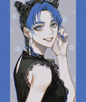 Rule 34 | 1girl, blue eyes, blue nails, braid, braided ponytail, commentary, double bun, earrings, hair bun, highres, jewelry, jojo no kimyou na bouken, kuujou jolyne, lace trim, long hair, masakenme, multicolored hair, pillarboxed, smile, solo, stone ocean, two-tone hair