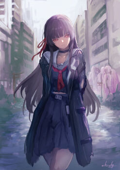 1girl absurdres arm_cutout arms_behind_back black_choker black_hair black_jacket black_shirt black_skirt chisa_(wuthering_waves) choker chucky_(chucky1000sun) closed_mouth clothing_cutout collarbone commentary_request hair_ribbon highres jacket long_hair mole mole_under_eye necktie outdoors red_eyes red_necktie red_ribbon ribbon sailor_collar shirt signature skirt solo white_sailor_collar wuthering_waves