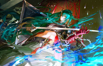 1girl absurdres arknights black_shirt blue_fire commentary_request duoqing_tie_ban_shao fire from_below gloves green_hair highres holding holding_sword holding_weapon horns hoshiguma_(arknights) hoshiguma_(ronin_huntress)_(arknights) long_hair midriff navel official_alternate_costume red_gloves shirt single_horn solo stomach sword very_long_hair weapon yellow_eyes
