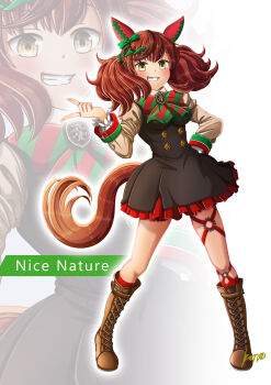 1girl absurdres animal_ears black_dress blush boots bow bowtie breasts brown_boots brown_eyes brown_hair character_name commentary_request diagonal-striped_bow dress ear_bow ear_covers ear_ribbon full_body green_bow green_bowtie grin highres horse_ears horse_girl horse_tail juliet_sleeves konsu_(konsu1182da) long_sleeves looking_at_viewer medium_breasts medium_hair multicolored_hair nice_nature_(poinsettia_ribbon)_(umamusume) nice_nature_(umamusume) o-ring o-ring_thigh_strap open_mouth pinafore_dress puffy_sleeves simple_background sleeveless sleeveless_dress smile streaked_hair striped_bow striped_bowtie striped_clothes tail teeth thigh_strap twintails umamusume zoom_layer