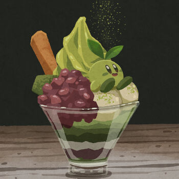 black_background blush_stickers character-themed_food commentary_request cup drinking_glass food food_focus ice_cream jam kirby kirby_(series) miclot mint nintendo no_humans open_mouth parfait parfait_glass sitting table wooden_table