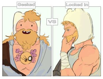 2boys adventure_time adventure_time:_fionna_and_cake animal_hood bandaged_arm bandages bear_hat bear_hood beard blonde_hair character_tattoo commentary english_commentary facial_hair farmworld_finn fingernails finn_the_human highres hood jake_the_dog long_hair male_focus multiple_boys open_mouth plumiliciouss short_hair sketch smile tank_top tattoo teeth toon_(style)