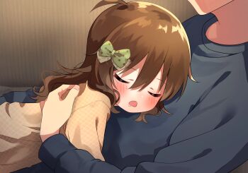 Rule 34 | 1boy, 1girl, aged down, black shirt, blush, bow, brown hair, brown shirt, checkered clothes, checkered shirt, closed eyes, commentary request, green bow, hair bow, highres, hoshii miki, idolmaster, idolmaster (classic), long hair, long sleeves, open mouth, out of frame, print bow, saliva, shirt, sleeping, star (symbol), star print, suruga tou