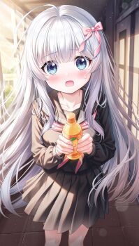 1girl ahoge black_sailor_collar black_serafuku black_shirt black_skirt blue_eyes blunt_bangs blush bottle bow collarbone commentary_request day eyes_visible_through_hair feet_out_of_frame floating_hair hair_between_eyes hair_bow hair_intakes hands_up highres holding holding_bottle huge_ahoge indoors lemonade long_hair long_sleeves looking_at_viewer mashiro_fuuna miniskirt neckerchief open_mouth original pink_bow pink_neckerchief pleated_skirt sailor_collar school school_uniform serafuku shirt sidelighting sidelocks skirt solo standing straight-on straight_hair sweatdrop tile_floor tiles tyutaka0427 very_long_hair white_hair window