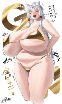 >:) 1girl :d alternate_breast_size_(larger) animal_ears areola_slip beads belly bikini blush breasts closed_eyes cropped_legs fang folded_ponytail fox_ears fox_girl gigantic_breasts gold_bikini grey_hair hair_beads hair_ornament hand_on_own_hip highres large_areolae long_hair micro_bikini navel open_mouth oruka_(kamituki0827) parted_bangs plump sidelocks signature simple_background smile solo sweat swimsuit touhoku_itako translation_request v-shaped_eyebrows very_long_hair voiceroid white_background